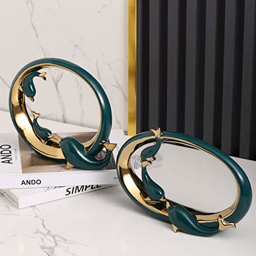 Green Gold Ceramic Dolphin Figurines - Coastal Home Decor, Modern Ocean Centerpieces For Living Room, Dining Area, Office, Coffee Table, Beach House, Nautical, Seaside, Entrance, Shelf Display #TOP6