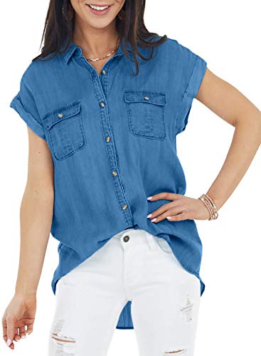 Dokotoo Plus Size Blouses for Women Casual V Neck Cap Sleeve Womens Denim Tops and Tunic for Work Fashion Button-Down Round Hem Shirts Tee with Pockets Blue XX-Large