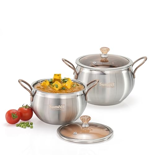 Image of Sumeet ISI Certified Stainless Steel Cook & Serve Biryani Pot /Handi /Sauce Pot with Glass Lid |Induction and Gas Compatible |Set of 2Pc - Capacity - 2200 & 3500ml -Dia - 17 & 19.5cm, Silver
