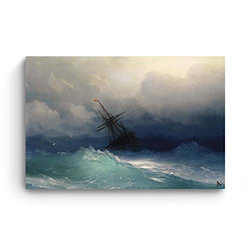 Startonight Canvas Wall Art - Aivazovsky Ship On Stormy Seas Reproduction Framed 32 X 48 Inches #TOP2