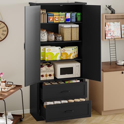 Image of BORNOON Pantry Organizers and Storage Cabinet, 71 inch Barn Door White Kitchen Cabinet with Drawers and Adjustable Shelf, Tall Pantry for Kitchen, Dining Room, Living Room. Bathroom and Office