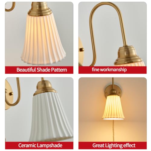 Image of Fetason Plug in Wall Sconces Set of 2, Modern Ceramic Gold Wall Sconce Light with Switch, Vintgae Bedside Wall Lamp Light Fixtures for Living Room Bedroom Kitchen Home Office Hallway