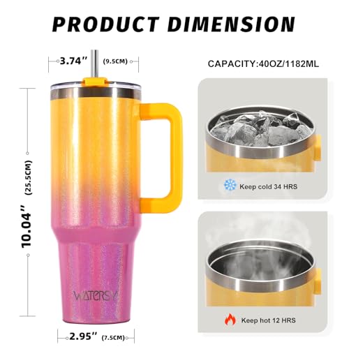 Image of 40 oz Shiny Tumbler with Handle and Straw,Stainless Steel Tumbler with Lid and Straw,Insulated Travel Mug(Cold for 34 Hours),Water Bottle for Iced Tea,Coffee (Yellow)