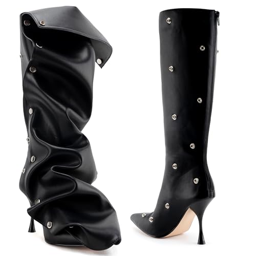 KaroNairy Women Knee High Boots Pointed Toe Stiletto High Heel Boot Detachable Snap-off Panel Shark Boots Black84