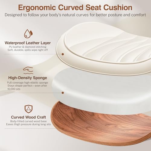 Image of Ergonomic Armless Office Desk Chair - Mid-Century Modern White Faux Leather with Diamond Stitch, Adjustable Height Swivel Rolling Task Computer Chair with Walnut Accent for Home Office, Study & Work