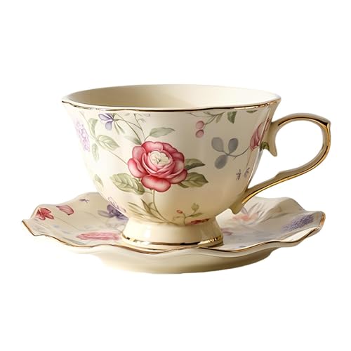 VMAPJIZA Tazas y platillos de té, tazas de té y platillos vintage, taza de café de cerámica con platillo, taza de rosa y platillo con ribete de hojas doradas, juego de tazas de té, para café, café con