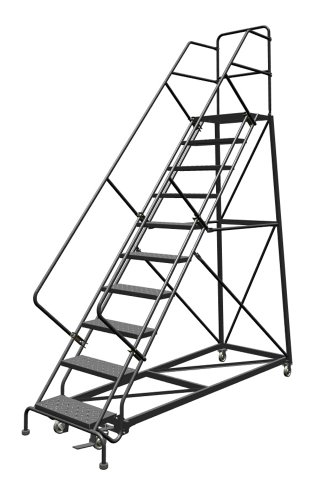 Image of Tri-Arc KDEC110246 10-Step Forward Descent Safety Angle Steel Rolling Industrial and Warehouse Ladder with Perforated Tread, 24-Inch Wide Steps