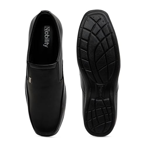 Image of NOBILITY Faux Leather Black Formal Slip On Shoes for Men || Comfortable Walking || Classic Design || Breathable || Slip Resistant ||