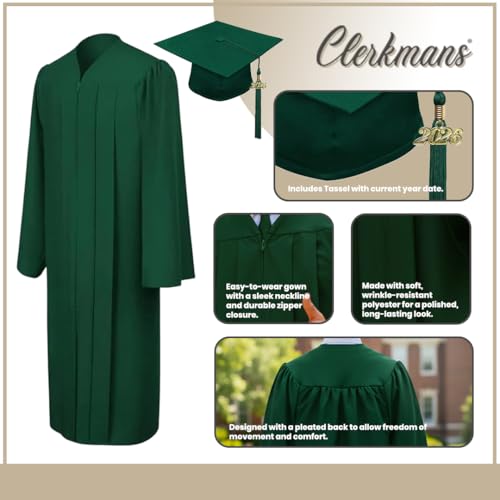 Image of CLERKMANS Unisex Matte Graduation Cap Gown Tassel Package, High School and University