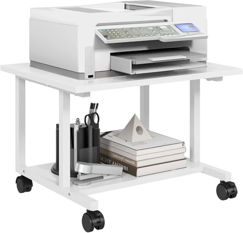 Image of 58165 Under Desk Printer Stand, 52 x 40 x 30cm Cart with Wheels, 2 Tier Mobile Printer Table for Home Office, Large Printer Stand with Storage, Office Stand, White