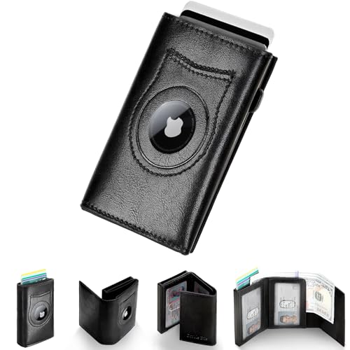 Wallet for Men Minimalist Compact Pop Up Credit Card Holder, Front Pocket Smart RFID Blocking Mens Slim Wallet,Ultra Thin Trifold Mens Leather Wallets Metal Aluminum Card Case (Oil Wax Black)