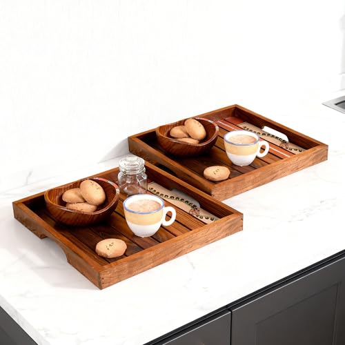 Image of AAKRITI ART CREATIONS Rosewood Tray Set of 2 | Handcrafted Floral Art | Natural Brown Wooden Trays & Platters with Handle | Matte Finish Home Trays | Trays for Dining Table & Kitchen Organizer