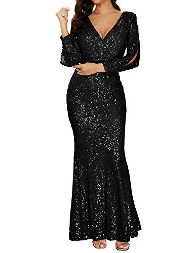 Women's V Neck Long Sleeve Glitter Sequins Mermaid Evening Gown Dress