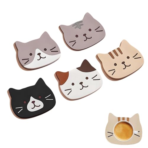 Image of Cute Cat Coasters 5 Pack Silicone Drink Coasters Non Slip Cat Shaped Silicone Coaster Set for Coffee Table Desk Dining Room