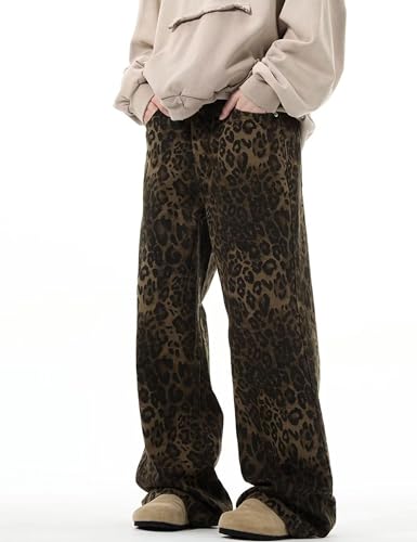 COOLMONAR Women's Y2K Leopard Print Jeans Chic Street Style Wide Leg Denim Pants Retro Hip Hop Loose Trouser4