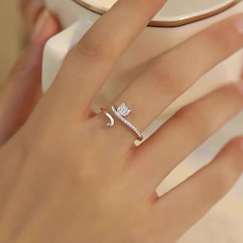 925 Sterling Silver Cute Cat Adjustable Rings Kitten Animal Stackable Rings to Daughter 14K Gold Plated Dainty Lovely CZ Cats Animals Ring for Cat Lovers Women Engagement Birthday Jewelry Gift3