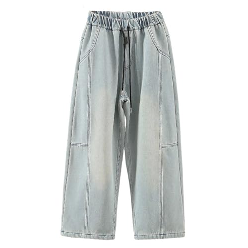 Girls Wide Leg Denim Pants Retro High Elastic Waist Stretchy Baggy Jeans with Adjustable Drawstring Straight Trousers