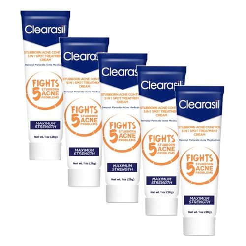 Clearasil Stubborn Acne Control 5in1 Spot Treatment Cream, Maximum Strength, Benzoyl Peroxide Acne Medication, Fights Blocked Pores, Pimple Size, Excess Oil, Acne Marks & Blackheads, 1 oz (Pack of 5)
