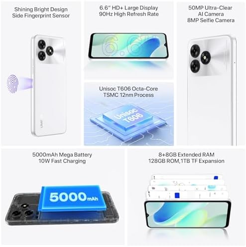 UMIDIGI G5 50MP Smartphone,16GB+128GB SIM Free Unlocked Mobile Phone,Android 13 Phone,90Hz Refresh Rate,6.6 inch Fullview Display,5000mAh Battery,Octa-Core,4G Dual SIM,Face ID/GPS/OTG(White)