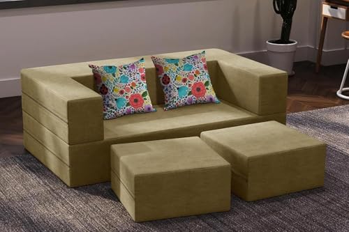 Image of Rosebell 5x6 Feett C-Type Sofa Cum Bed | Jute Fabric with Removable Washable Cover | Two-Seater with 2 Pouffes | Ideal for Living Room & Office - Golden