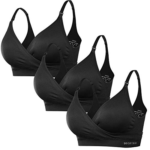 HOFISH Nursing Bras for Breastfeeding Seamless Ultra Comfort Maternity Bra, Pregnancy Sleep Bralette 3Pack Black Medium