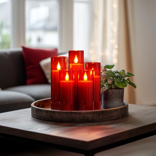 Image of Amagic Red Flameless Candles with Remote, Battery Operated Candles with Timer, Acrylic Flickering LED Candles for Christmas Decor, 3D Wick, Warm Yellow Glow, D2.2 xH5 5 inch 6 inch 7 inch 8 inch, Set of 5