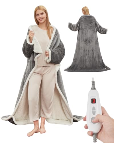 GarveeHome Wearable Heated Blanket with Foot Pocket Electric Snuggle Blanket with Sleeves 6 Heating Levels & 2/4/8/10H Time Settings Machine Washable Gift for Family & Friends 50 * 70+18 Dark Gray