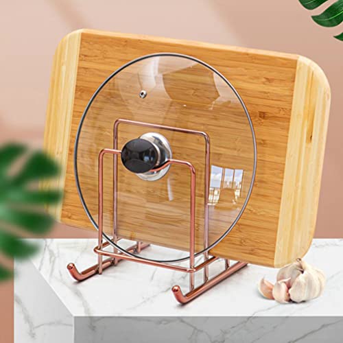HEMOTON Chopping Board Rack Pot Pan Lid Holder Cutting Board Organiser Display Stand Thin Bakeware Baking Tray for Kitchen Countertop Cupboards Cabinet Office 16X19. 5X20cm Rose Gold - Image 2