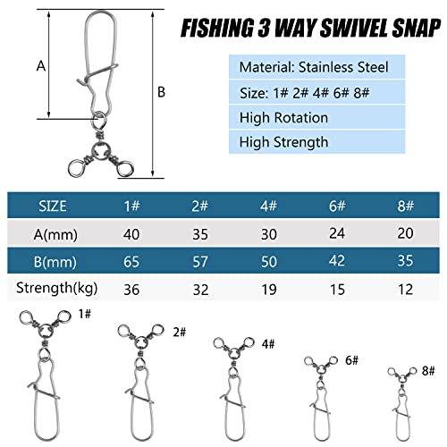 Image of 3 Way Swivel Snaps Fishing Tackle Connector, 40Pcs Triple Swivels with Duo Lock Snaps T-Turn Fishing Lure Connectors for Trolling Catfish Rig