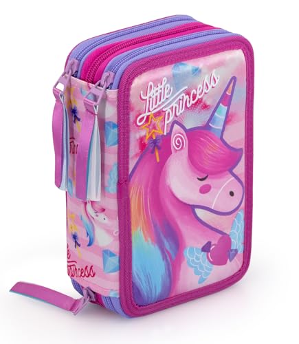 L'ERBAVOGLIO - UNICORNO - ASTUCCIO SCUOLA 3 ZIP UNICORNO LITTLE PRINCESS - COMPLETO DI 44 PEZZI - PRODOTTO ESCLUSIVO (FUCSIA/LILLA)
