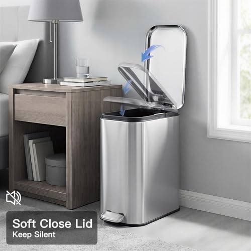 Image of GarveeHome 3.2 Gal Slim Trash Can, Step Garbage Can with Soft-Close Lid, Stainless Steel Recycling Bin Waste Container with Removable Inner Bucket for Kitchen, Bathroom, Office, Silver