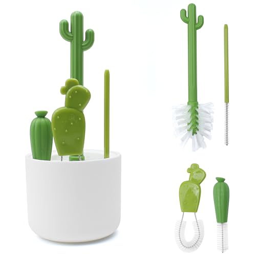 Image of Cactus Bottle Brush Set, Full-Angle Straw Detail Brushes Cleaning Cleaner Washer Tool Kit with Stand Holder Multifunctional for Washing Baby Breast Pump Nipple Essentials Kitchen Decor Replacement