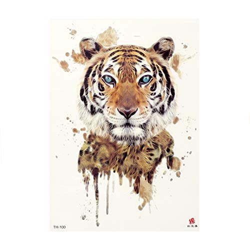 1 x Tiger XL Tattoo - kleurrijke tijgerkop in waterkleuren - Temporary Body Tattoo - TH100 (1)
