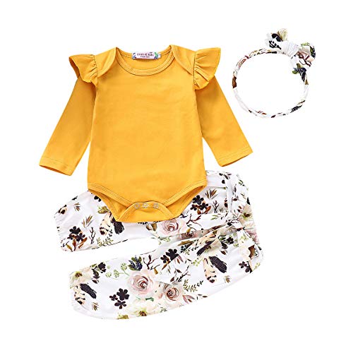 3PCS Infant Toddler Baby Girl Clothes Ruffle Cotton Romper Long Sleeve Bodysuit + Floral Pants + Headband Outfit Set(18-24 Months, Yellow)