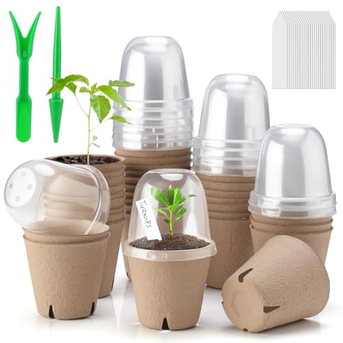 Baxrou 36 Set 3.15 Inch Peat Pots Plant Starters for Seedling with Humidity Dome,Herb Seed Starter Pots Kits, Garden Germination Nursery Pot wit 36 Plant Labels, 2 Transplant Tools.