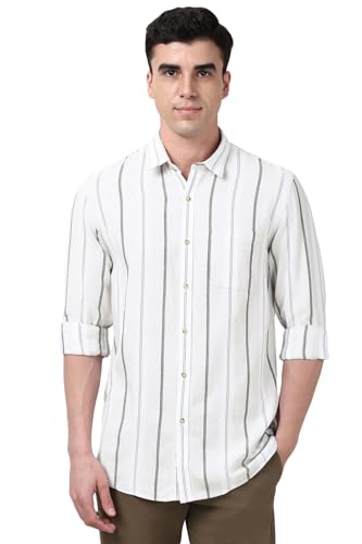 Image of Peter England Men's Linen Blend Shirt | Subtle Stripes | Full Sleeves