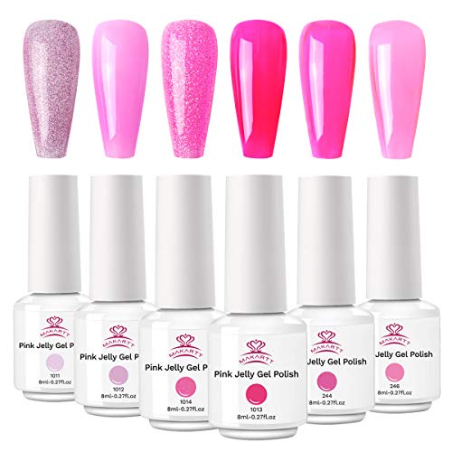 Makartt Pink Jelly Nail Polish Kit, Translucent Nail Polish Collection Soak Off Jelly Gel Nail Polish Glitter Crystal Gel Nail Polish 6 Colors 8 ML