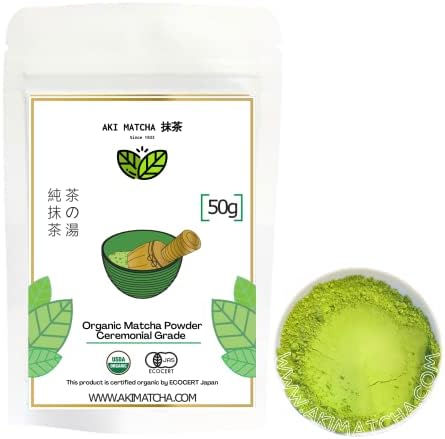 AKI MATCHA - Organic Matcha Green Tea Powder | Made in Japan | USDA, JAS Certified Organic | Spring Harvest Ceremonial Grade Matcha | Umami, bold, rich matcha, with a sweet aftertaste and no hint of bitterness | Perfect for Tea ceremony or japanese matcha latte drinks | Size 50g (25 servings)