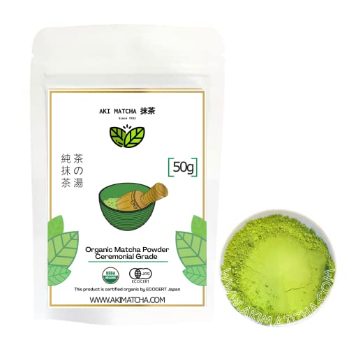 Aki Matcha - Organic Matcha Green Tea Powder | Made In Japan | Usda, Jas Certified Organic | Spring Harvest Ceremonial Grade Matcha | Umami, Bold, Rich Matcha, With A Sweet Aftertaste And No Hint Of Bitterness | Perfect For Tea Ceremony Or Japanese Matcha Latte Drinks | Size 50G (25 Servings) #TOP2