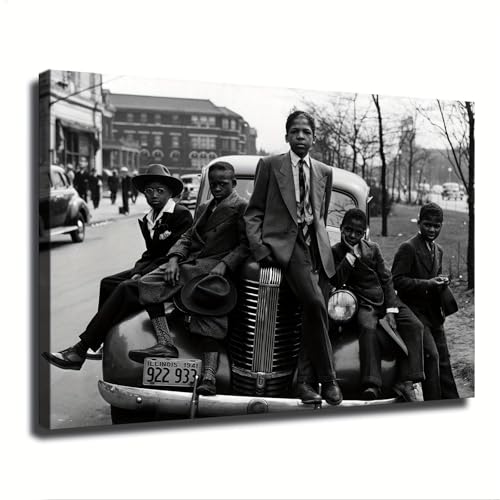 African American Photo, Five Boys on Car, Easter Morning, South Side Chicago, 1941, Black Art (12x18inch Unframe)