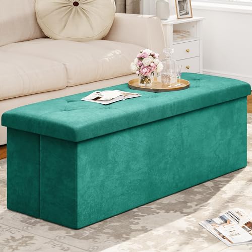 YITAHOME Tufted Storage Ottoman Bench Velvet with Stylish Rivets for Bedroom Living Room Dressing Room (Set of 2, Blue)