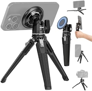 NEEWER Magnetic Phone Tripod Set Compatible with MagSafe 15 Pro Max 14 13 12 Series, Single Hand Grip Selfie Stick Metal Tabletop Mini Tripod with 360° Ball Head, 1/4" Threads, PA010+TP29