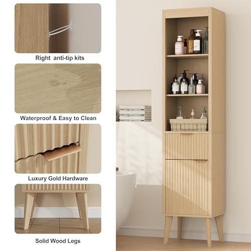 Image of 70 inch H Tall Storage Cabinet, Fluted Freestanding Floor Organizer for Bathroom, Kitchen Pantry, Utility Room, w /Drawer & Adjustable Shelves, Modern Accent in Natural Wood