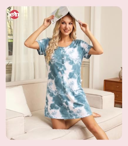 Image of ENJOYNIGHT Women Cotton Nightgown Tie Dye Nightshirt Nursing Sleepshirt