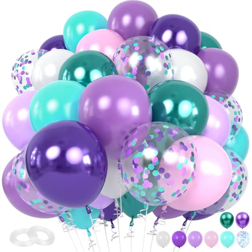 Mermaid Balloons, 60pcs 12in Pink, Purple, Teal, Blue, Gold with Metallic Confetti for Baby Shower Girls Under The Sea Ocean Party
