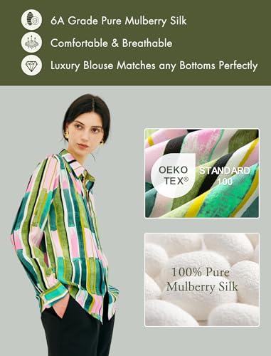 Women's 100% Pure Silk Blouse Long Sleeve Button Down Shirt Spring Summer Elegant Floral Striped Tops Women Smooth Blouses3