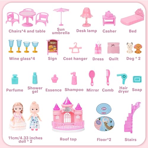deAO Doll House for Girls Portable Playset Dollhouse Castle Kids Pretend Play with 2 Doll Toy Figures,Living Room,Bedroom,Balcony & Accessories for 3 to 7 Year Olds Kids (Pink)