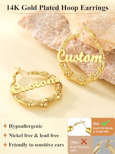 Custom4U Bamboo Hoop Earrings for Women Gold/Silver/Black Large Name Earrings Personalized - Hypoallergenic Lightweight Big Thick Hoops 30/40/50/60/70/80mm - Custom Made Birthday Christmas Gifts4