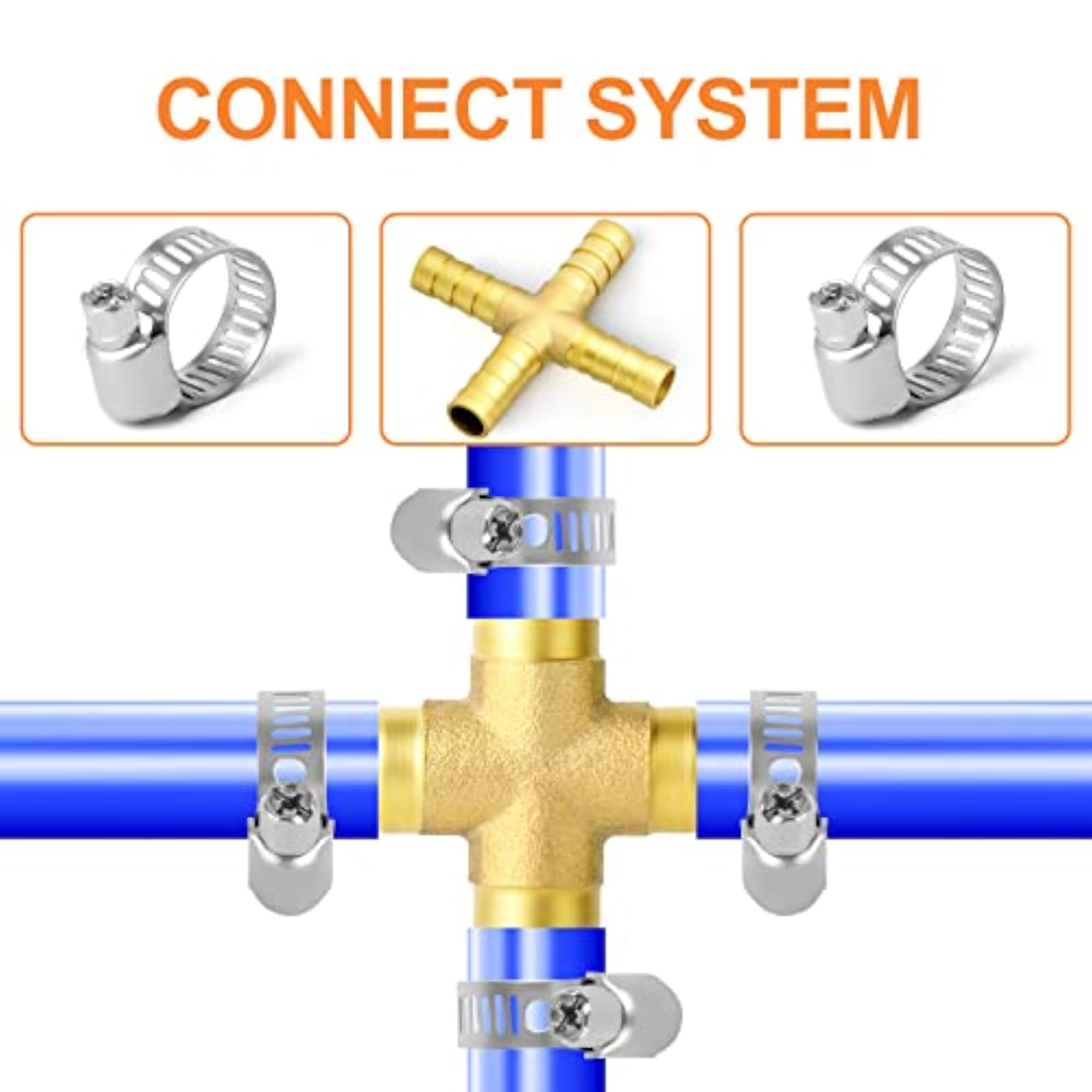 2PCS 1/4" Brass Hose Barb, 4-Way Hose Fitting with Clamps