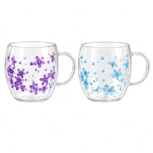 Image of KiKiluxxa 250ml Double Wall Glass Tea Coffee Mug Set of 2 | Glass Cups with Movable Decorative Flowers & Pearl Beads | Insulated Glass Mug for Tea, Coffee, Milk, Gift (Lavender Bloom+Sky Blossom)